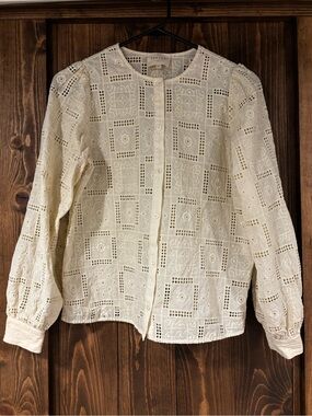 Sezane Amerie Long Sleeve Embroidered Eyelet Button Down Ecru Size 34